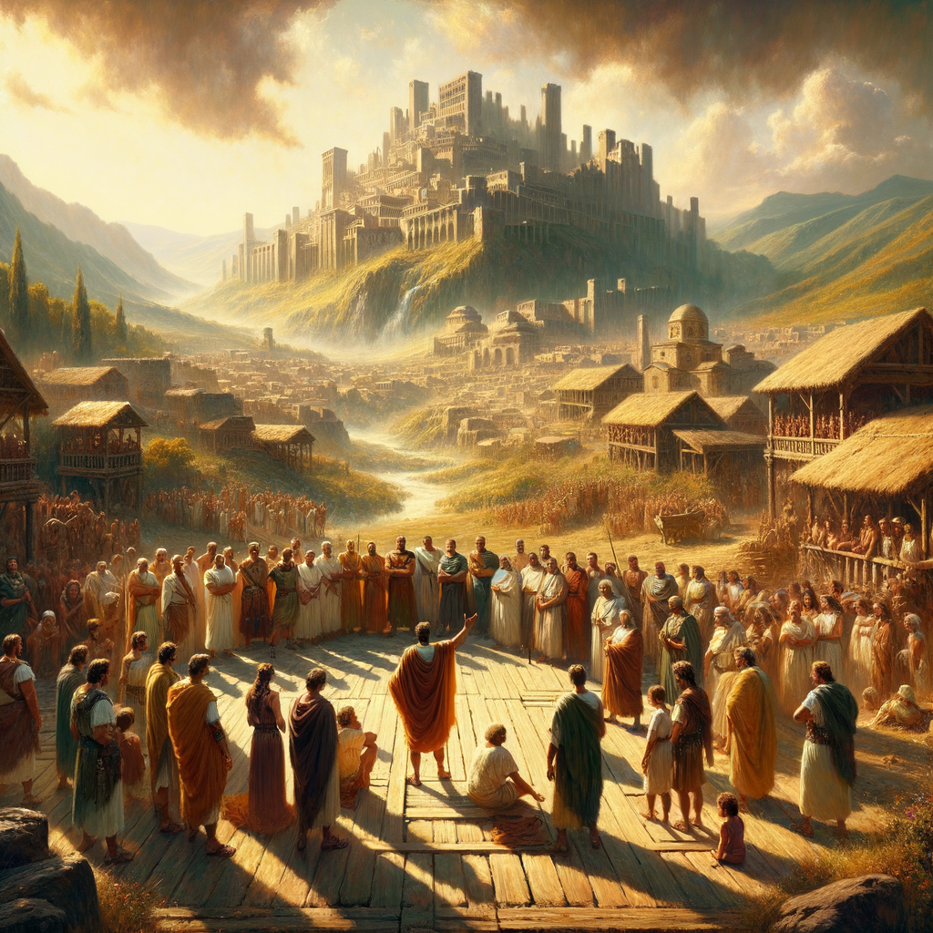 Ancient Roman villages unite with visible unity amid threatening Etruscan hills, in a style reminiscent of 1960s historical films.