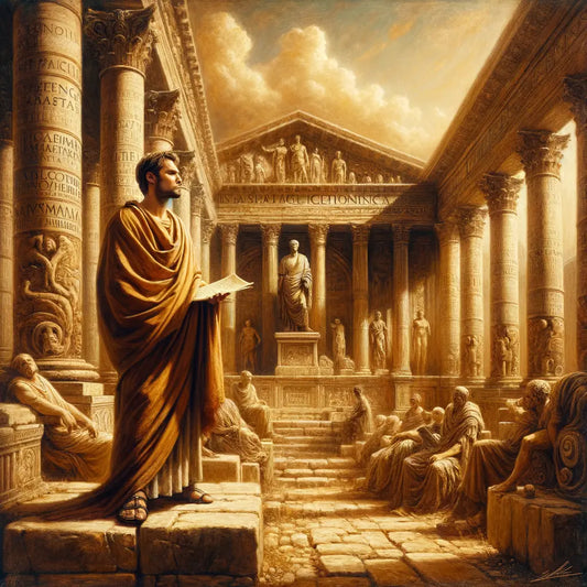 Marcus Aurelius portrayed in thought with a scroll, set against grand Roman architecture, resembling 1960s epic film style.