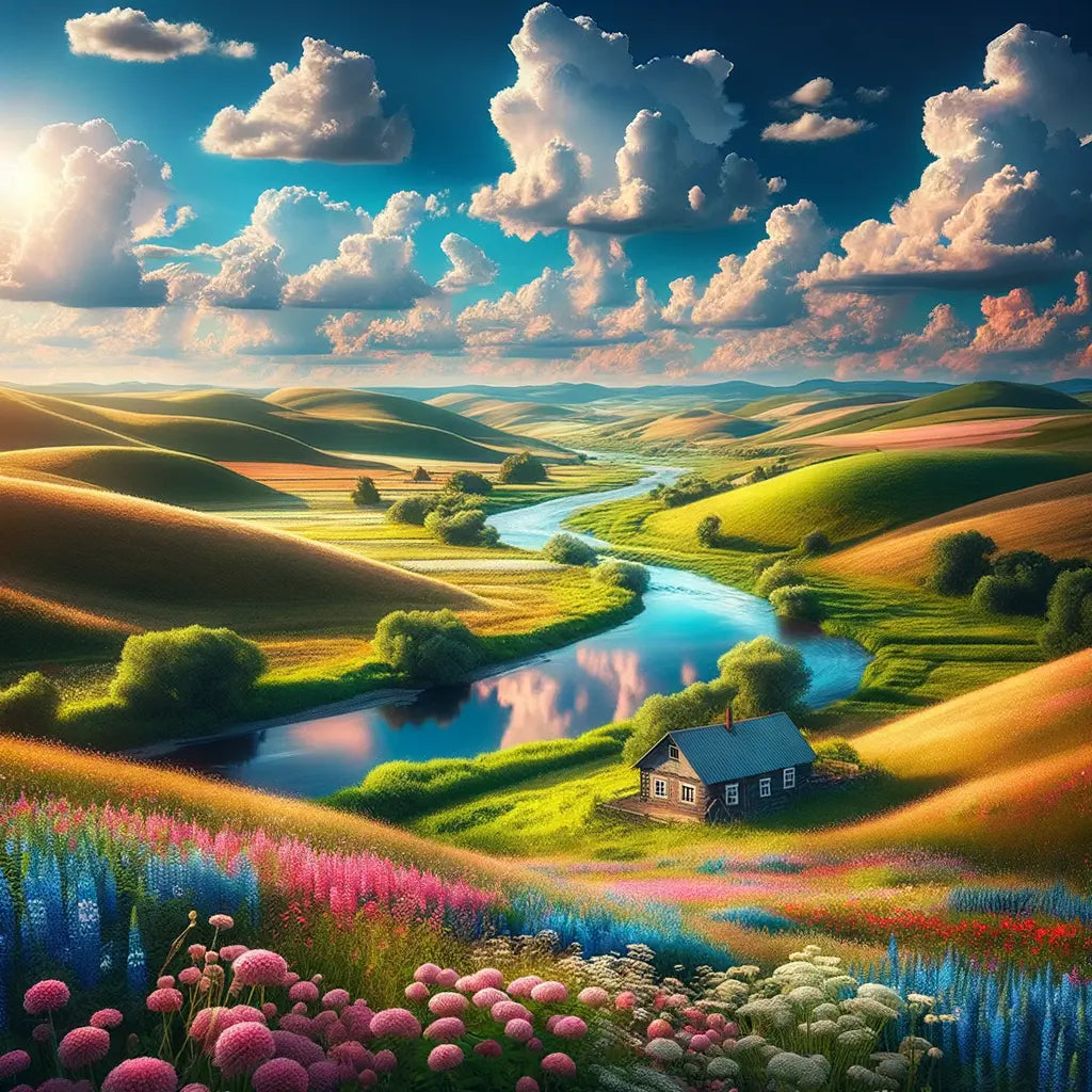 A tranquil scene of nature with hills, a river, and a cottage.