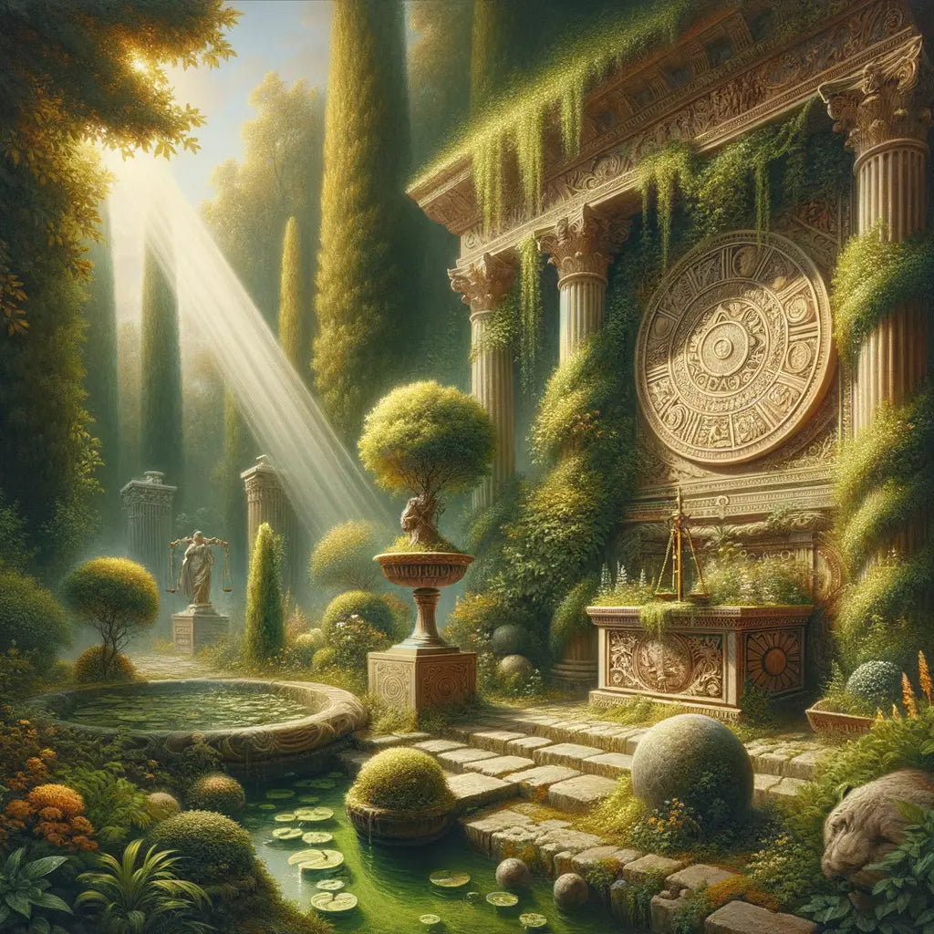 A Roman garden scene representing virtues with guiding light, scale, shield, and rock garden, in 1960s historical film style.