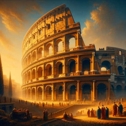 Majestic view of the Roman Colosseum at sunrise with golden sunlight highlighting its arches, inspired by classic 1960s historical films.