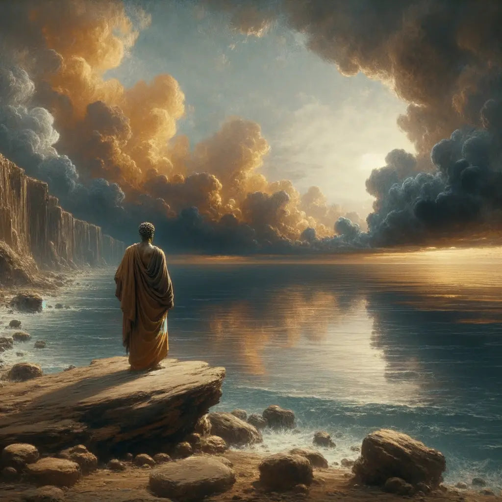 A philosopher in a toga overlooks a calm sea under a stormy sky, embodying tranquility amidst chaos, inspired by Marcus Aurelius' Meditations.