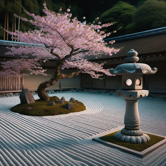 A peaceful Zen garden in Japan with cherry blossoms and a stone lantern.