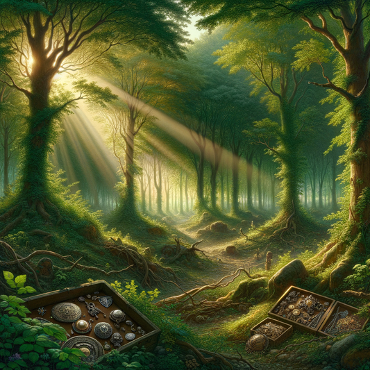 A lush medieval forest with sunlight filtering through leaves, revealing glinting Alemannic jewelry, echoing themes of history and craftsmanship.