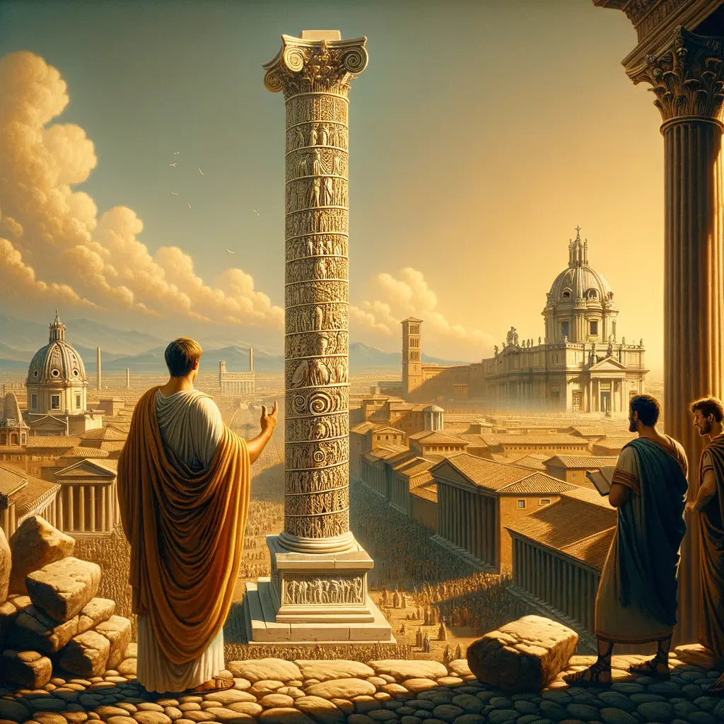 Marcus Aurelius Column stands tall with intricate reliefs, set against the Roman skyline, inspired by 1960s historical films.