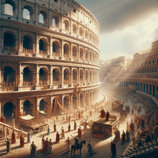 Artistic rendering of the ancient Roman Colosseum filled with Roman citizens and soldiers, capturing the grandeur of its arches in a style reminiscent of 1960s historical films.