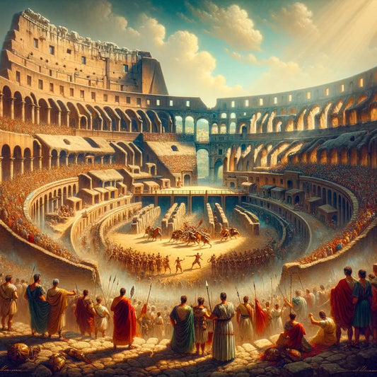 Artistic depiction of the Colosseum during a gladiatorial event, capturing the grandeur and vibrant life of ancient Rome, inspired by 1960s historical epic films.