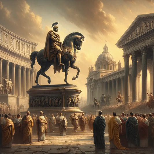 Bronze equestrian statue of Marcus Aurelius amidst ancient Roman architecture, reminiscent of 1960s epic films.