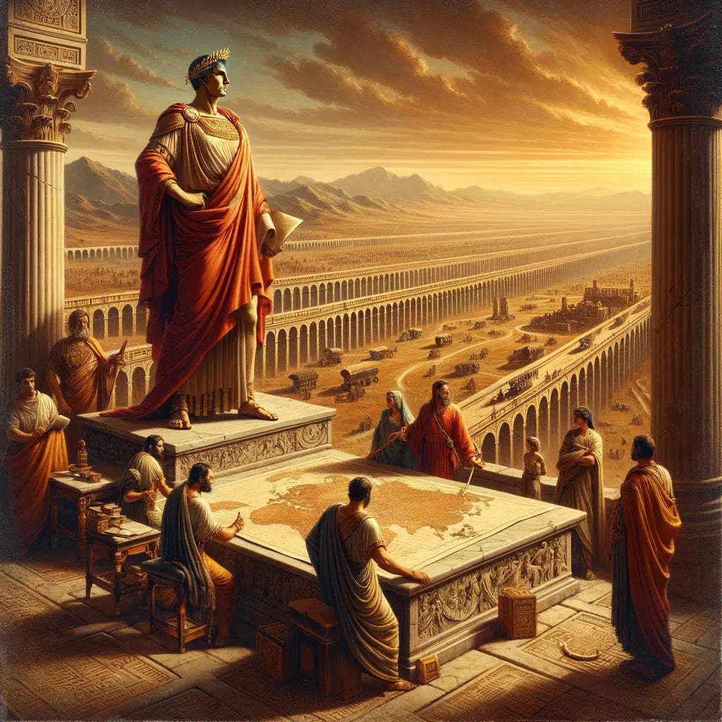 Augustus overseeing the Roman Empire, with roads and trade routes under construction, in a cinematic style reminiscent of 1960s historical epics.