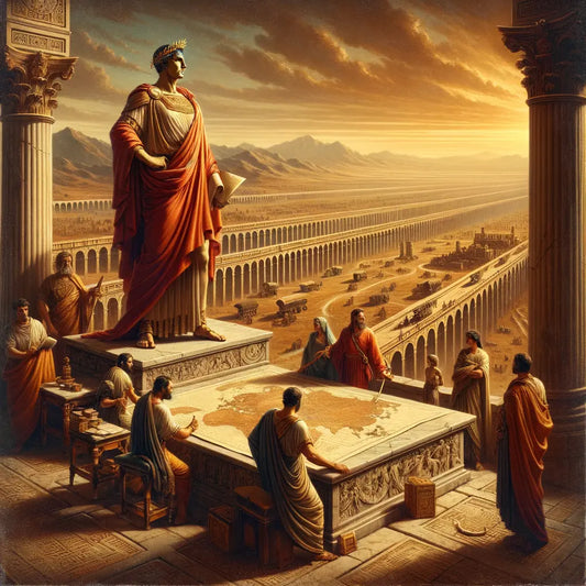 Augustus overseeing the Roman Empire, with roads and trade routes under construction, in a cinematic style reminiscent of 1960s historical epics.