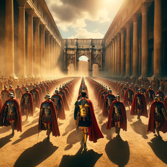 Disciplined Roman legion in formation with shields and swords, marching against an ancient Roman backdrop, in cinematic 1960s historical epic style.