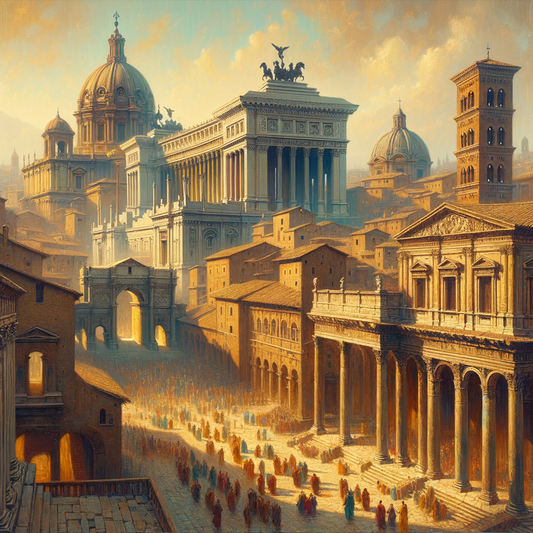 Skyline of ancient Rome with arches, domes, and amphitheaters, in a 1960s historical film style.