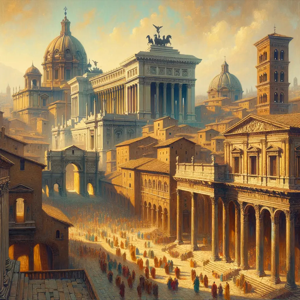 Skyline of ancient Rome with arches, domes, and amphitheaters, in a 1960s historical film style.