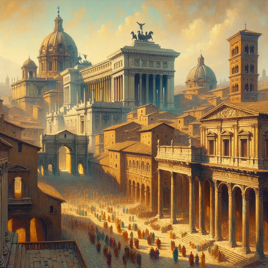 Skyline of ancient Rome with arches, domes, and amphitheaters, in a 1960s historical film style.