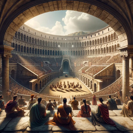 Ancient Roman arena filled with vibrant crowds, showcasing the grandeur of Roman architecture and public spectacles, styled after classic 1960s historical films.