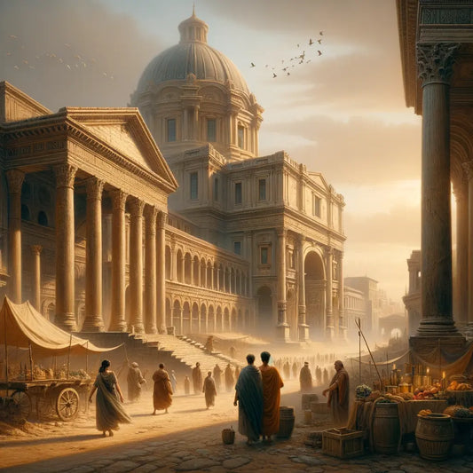 Majestic Roman cityscape with arches, domes, columns, and bustling city life, inspired by 1960s historical epic films.