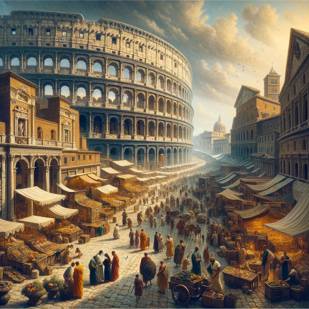 Bustling Roman street scene with the Colosseum and citizens in traditional attire, inspired by 1960s historical epics.