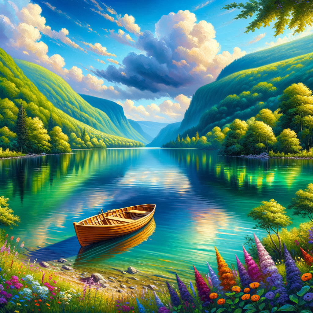 A peaceful lake scene with mountains and a boat.