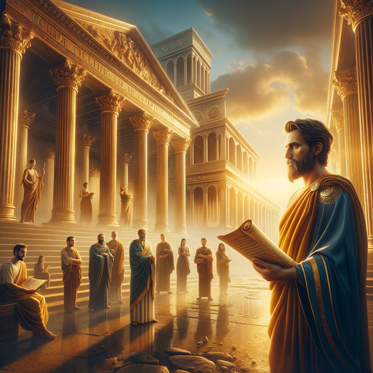 A modern philosopher blending Stoic wisdom with contemporary life in a cinematic Roman forum, inspired by 1960s historical films.