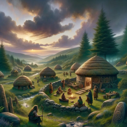 Ancient Celtic settlement with mystical sky, surrounded by lush nature and symbols of Gaelic gods, inspired by 1960s historical epics.