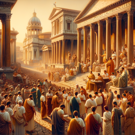 Ancient Rome scene with citizens in togas debating in front of grand architecture, in a style reminiscent of 1960s historical epics.