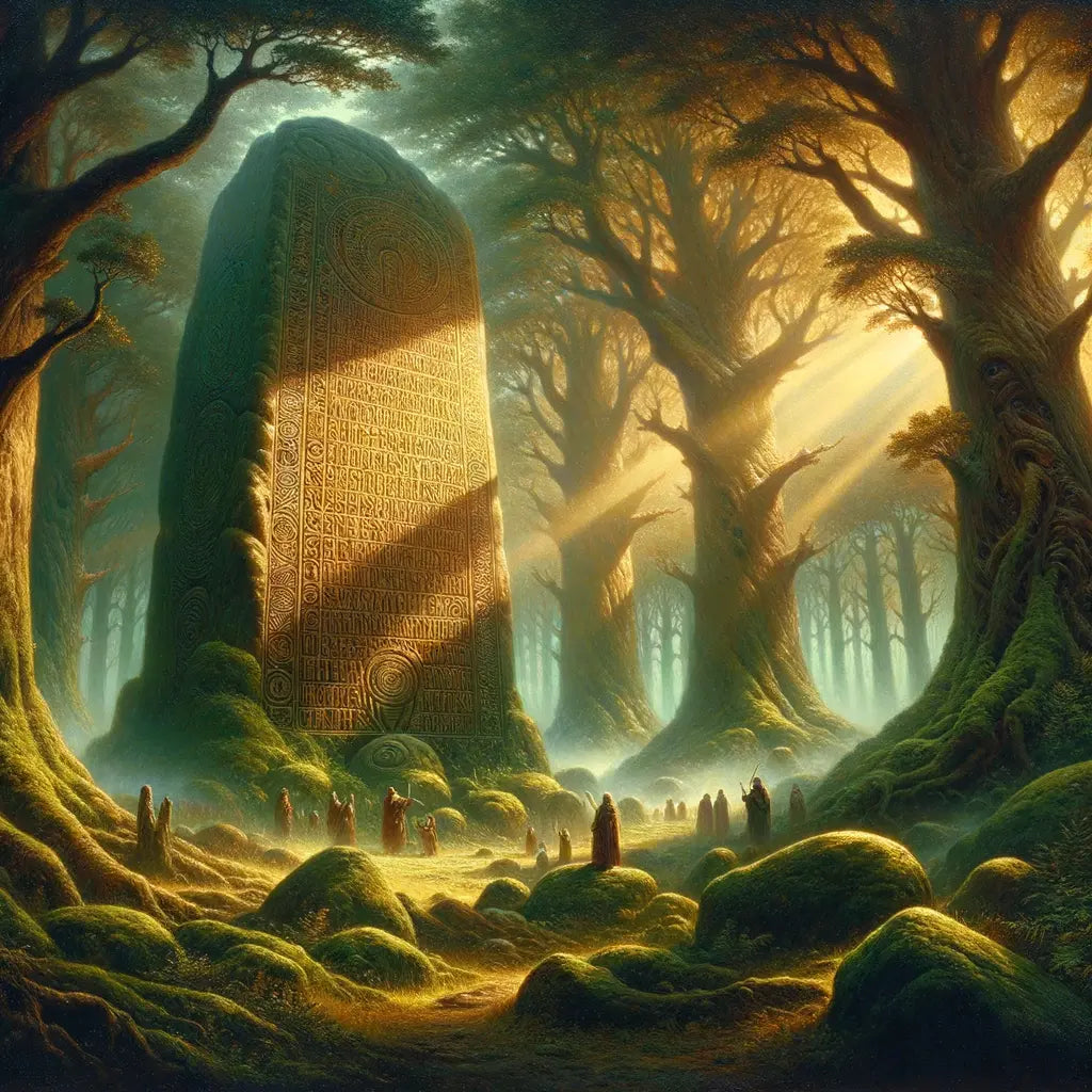 An ancient stone with Elder Futhark runes in a mystical foggy forest setting, inspired by 1960s historical epics.