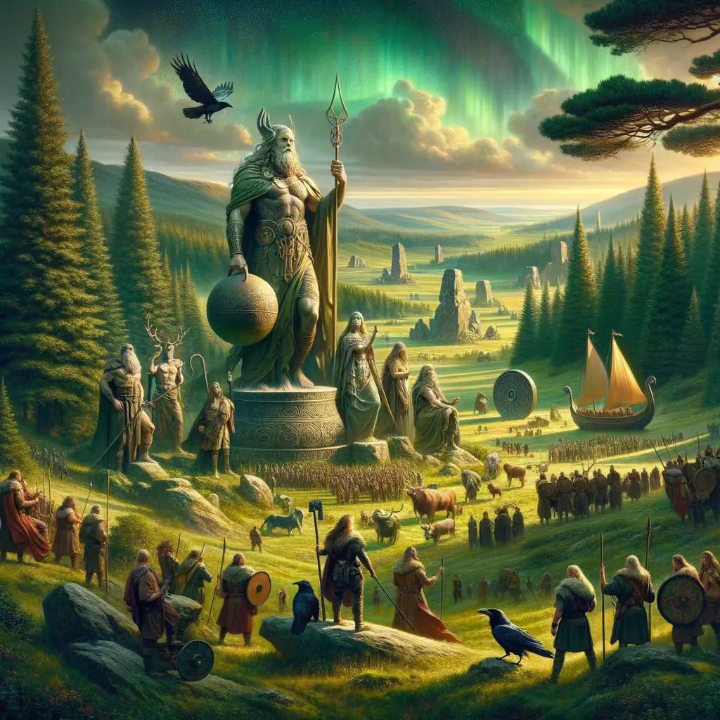 A cinematic scene of Dagda and Odin in a harmonious Celtic and Norse mythology setting amidst nature and warfare, styled like 1960s historical films.