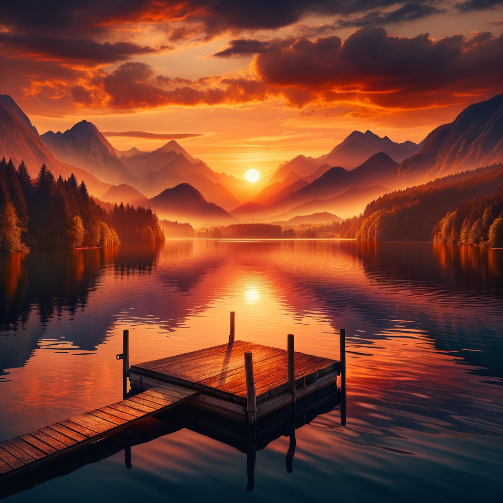 Beautiful sunset over a peaceful lake with mountains in the background.
