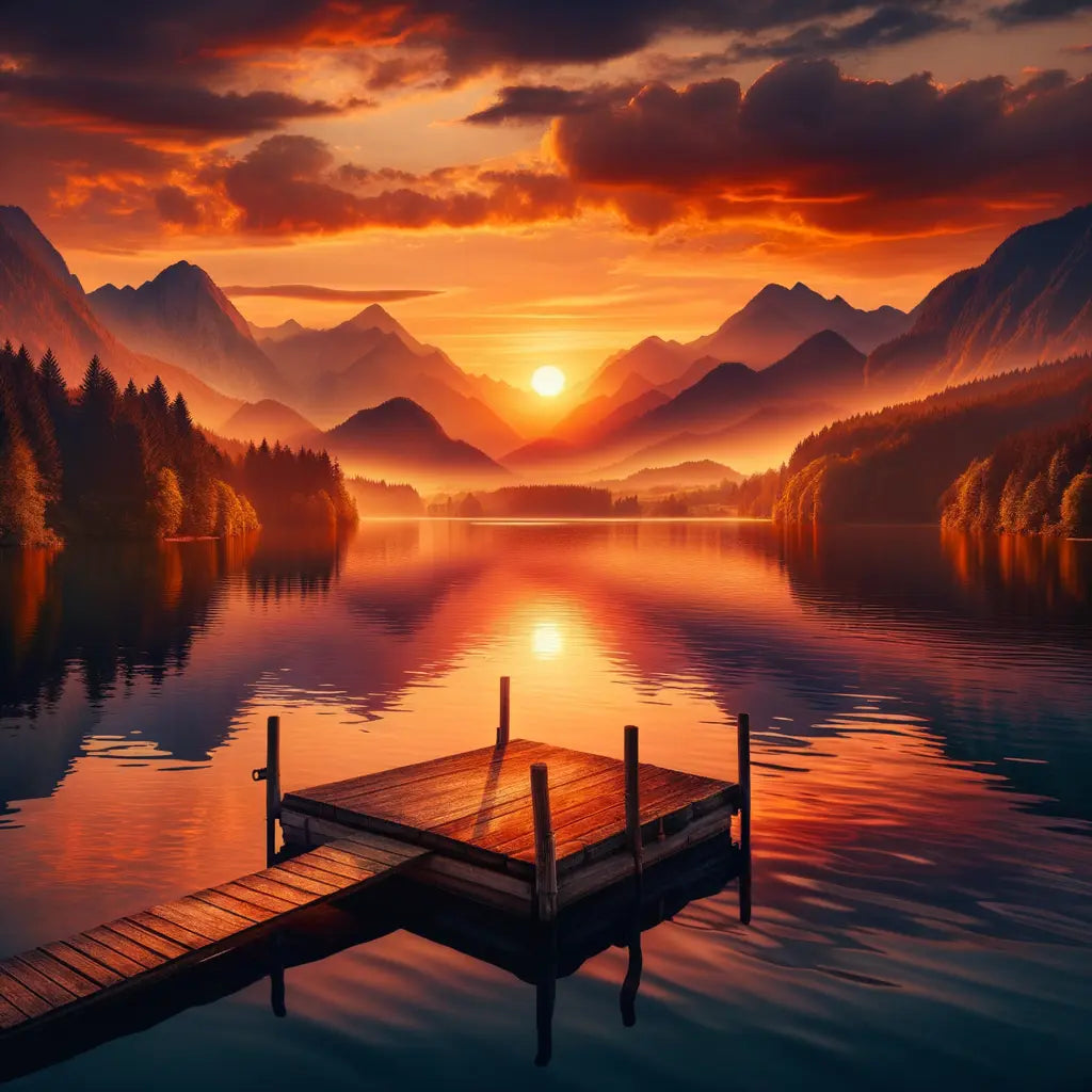 Beautiful sunset over a peaceful lake with mountains in the background.