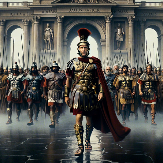 Julius Caesar crossing the Rubicon River with soldiers in a dramatic landscape.