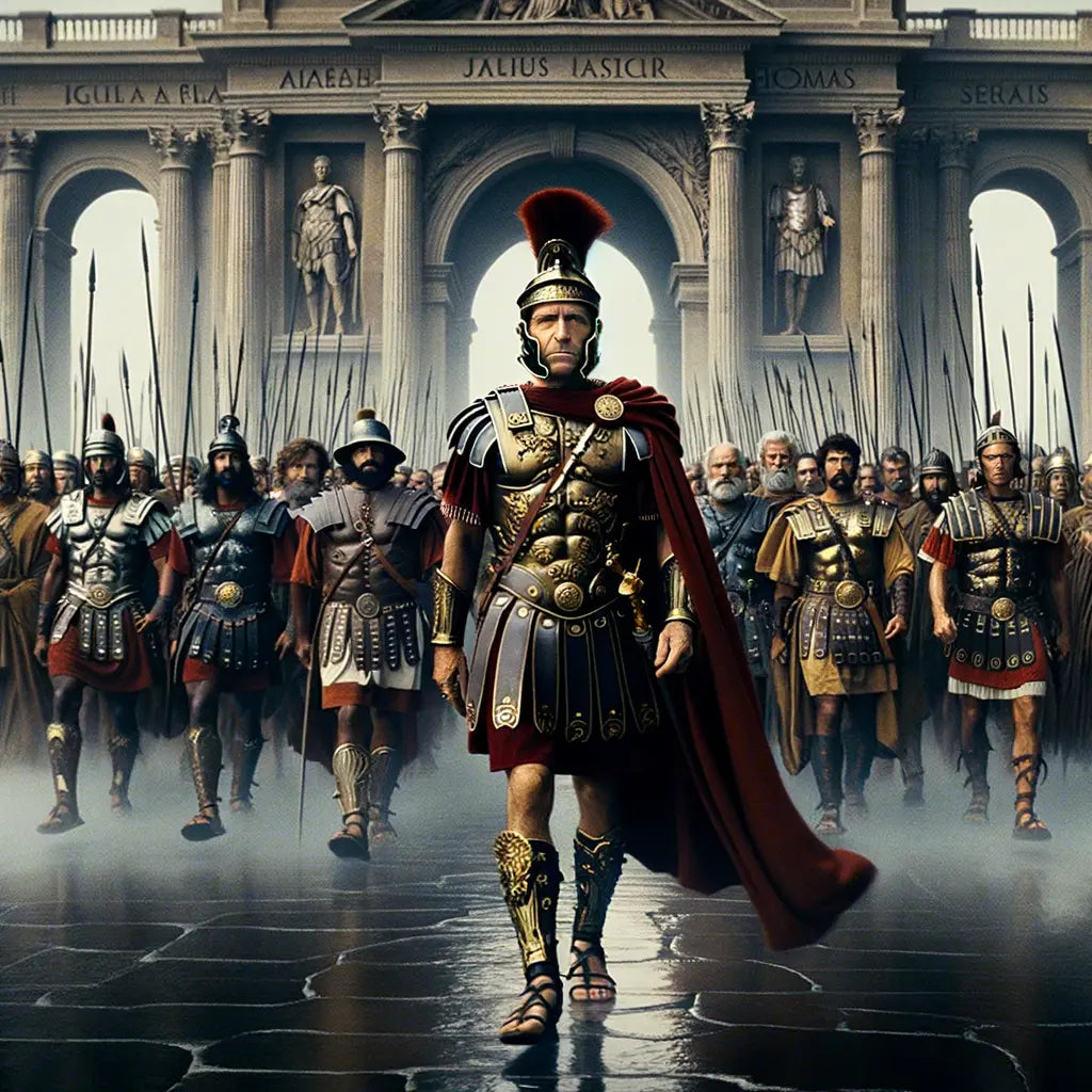 Julius Caesar crossing the Rubicon River with soldiers in a dramatic landscape.