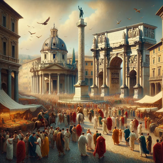 A majestic view of the Aurelius Column in ancient Rome, surrounded by bustling activity in Piazza Colonna, inspired by classic 1960s historical films.