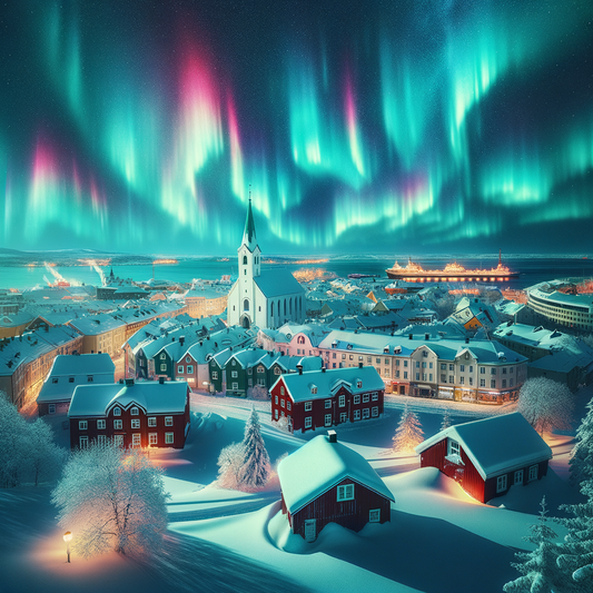 A beautiful winter scene in a Nordic capital with northern lights.