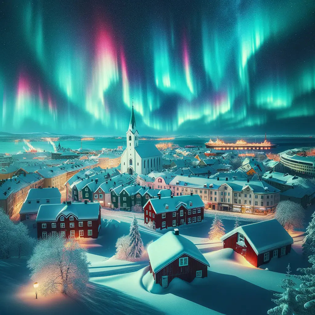 A beautiful winter scene in a Nordic capital with northern lights.