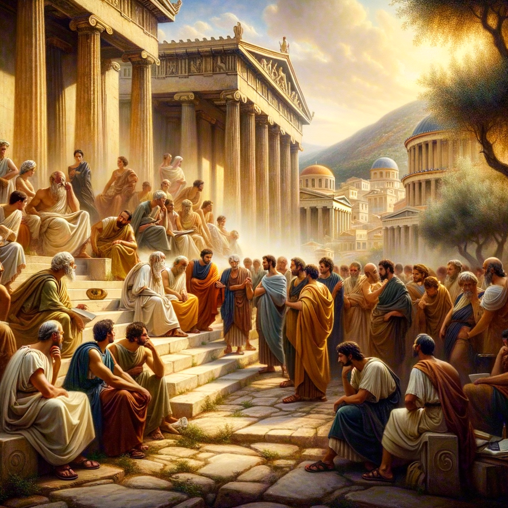 Scene of ancient Athens with Zeno of Citium teaching in bustling streets, surrounded by classical structures and olive groves, in a 1960s historical epic style.