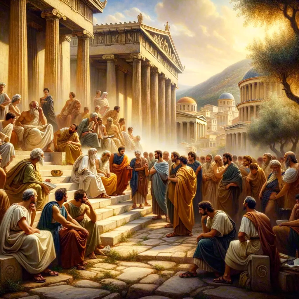 Scene of ancient Athens with Zeno of Citium teaching in bustling streets, surrounded by classical structures and olive groves, in a 1960s historical epic style.