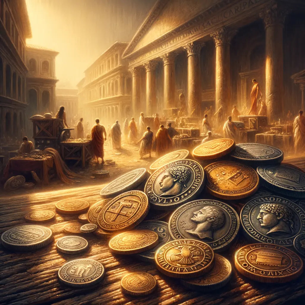 Close-up of ancient Roman coins on a wooden table with a vibrant marketplace scene in the background, in the style of 1960s historical epics.