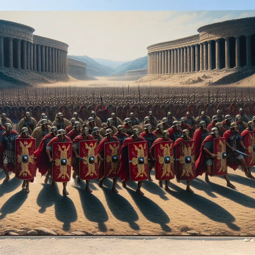 Roman legion in testudo formation advancing across a battlefield, in the style of 1960s historical epic films.