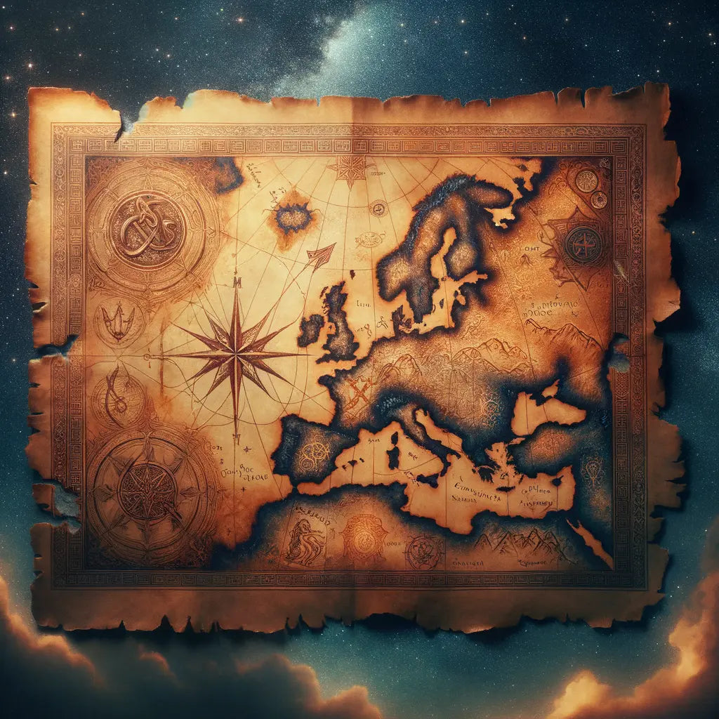 An ancient parchment map with symbols of Zeus and Cuchulainn against a starry background, styled like a 1960s historical epic film.