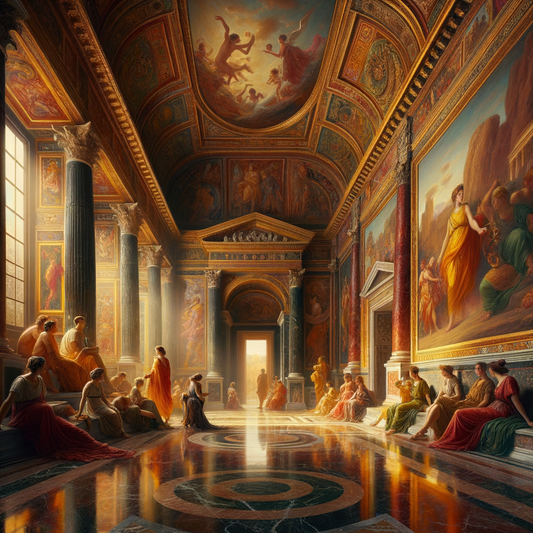Interior of an ancient Roman villa with vibrant frescoes depicting mythological scenes and daily life, inspired by Pompeian art.