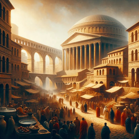 Bustling ancient Roman street with grand domes, arches, and aqueducts showcasing Roman architectural prowess, inspired by 1960s historical film style.