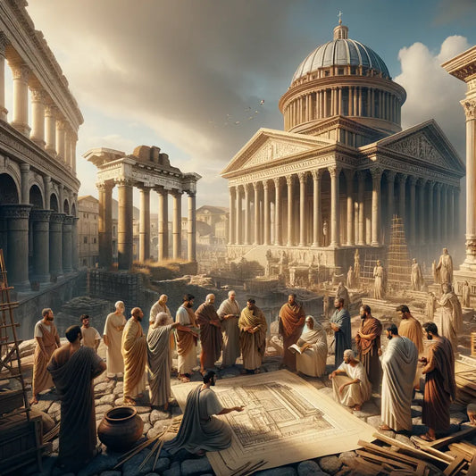 A grand Roman architectural scene with arches and a dome, showcasing ancient Rome's engineering prowess, styled like a 1960s historical epic.