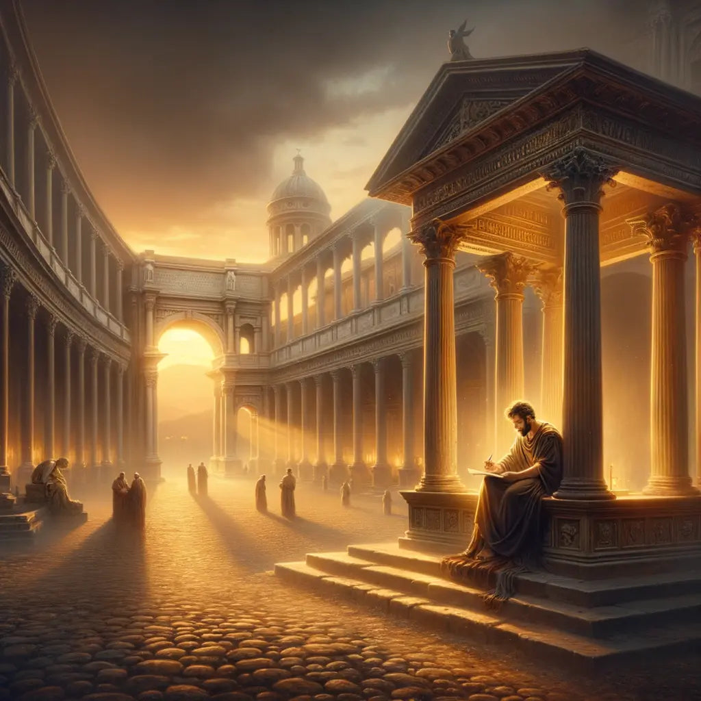 Marcus Aurelius writing 'Meditations' under a sunset in an ancient Roman setting, reflecting wisdom and timelessness, inspired by 1960s historical film style.