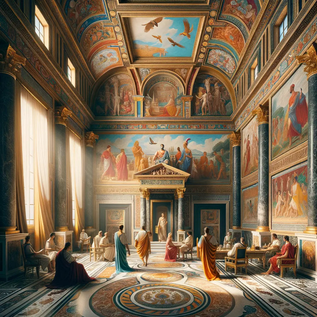 Interior of a grand Roman villa with vibrant frescoes depicting daily life and mythology, inspired by 1960s historical films.