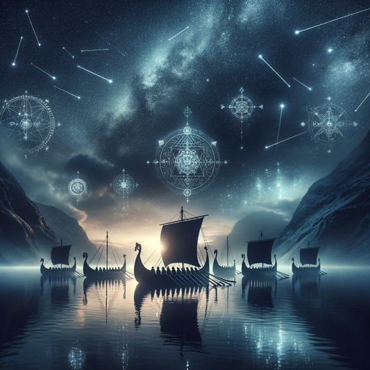 Starry night with Viking longships and Norse-symbol inspired fashion elements reflecting on water, blending mythology with modern style.