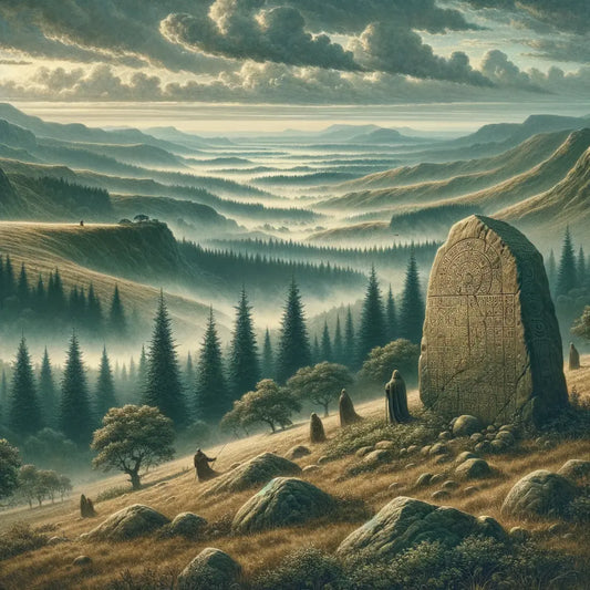 Ancient European landscape with a stone inscribed with runes, reminiscent of Visigothic presence, in a style similar to 1960s historical films.
