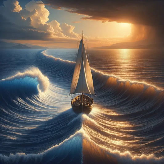 A sailboat amidst calm and rough waters symbolizing Epictetus's philosophy of inner peace, inspired by 1960s historical film style.