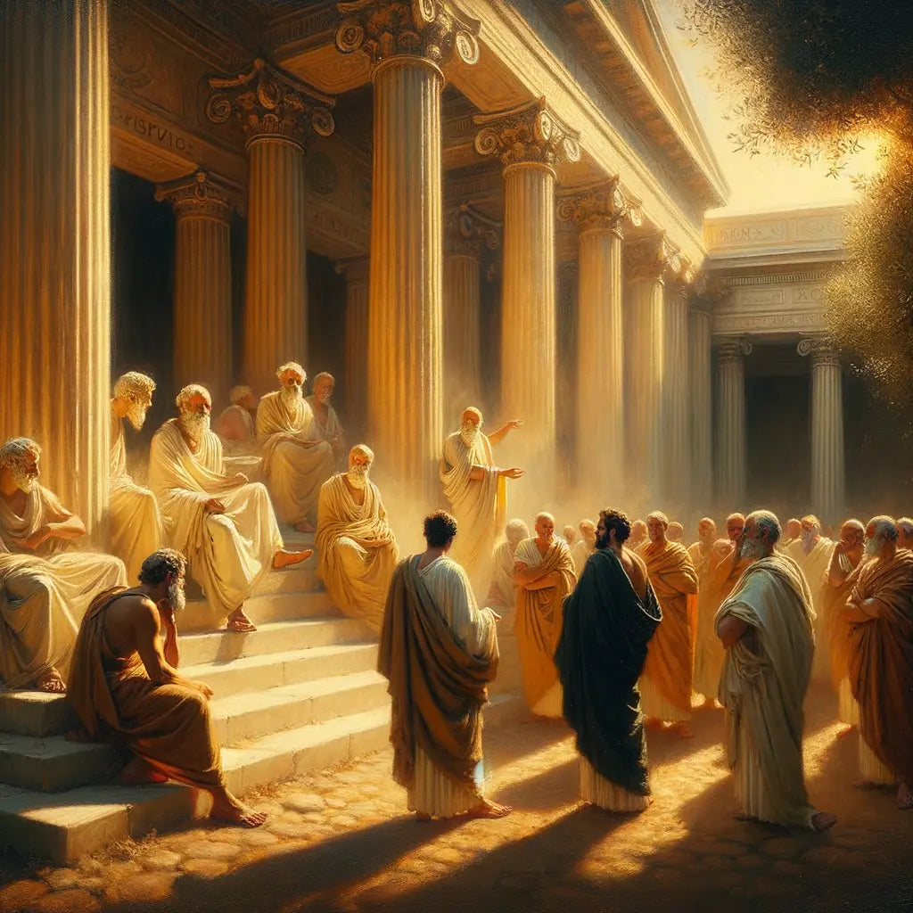 Philosophers in discussion in an ancient Greek courtyard, surrounded by marble columns, in a 1960s epic film style.
