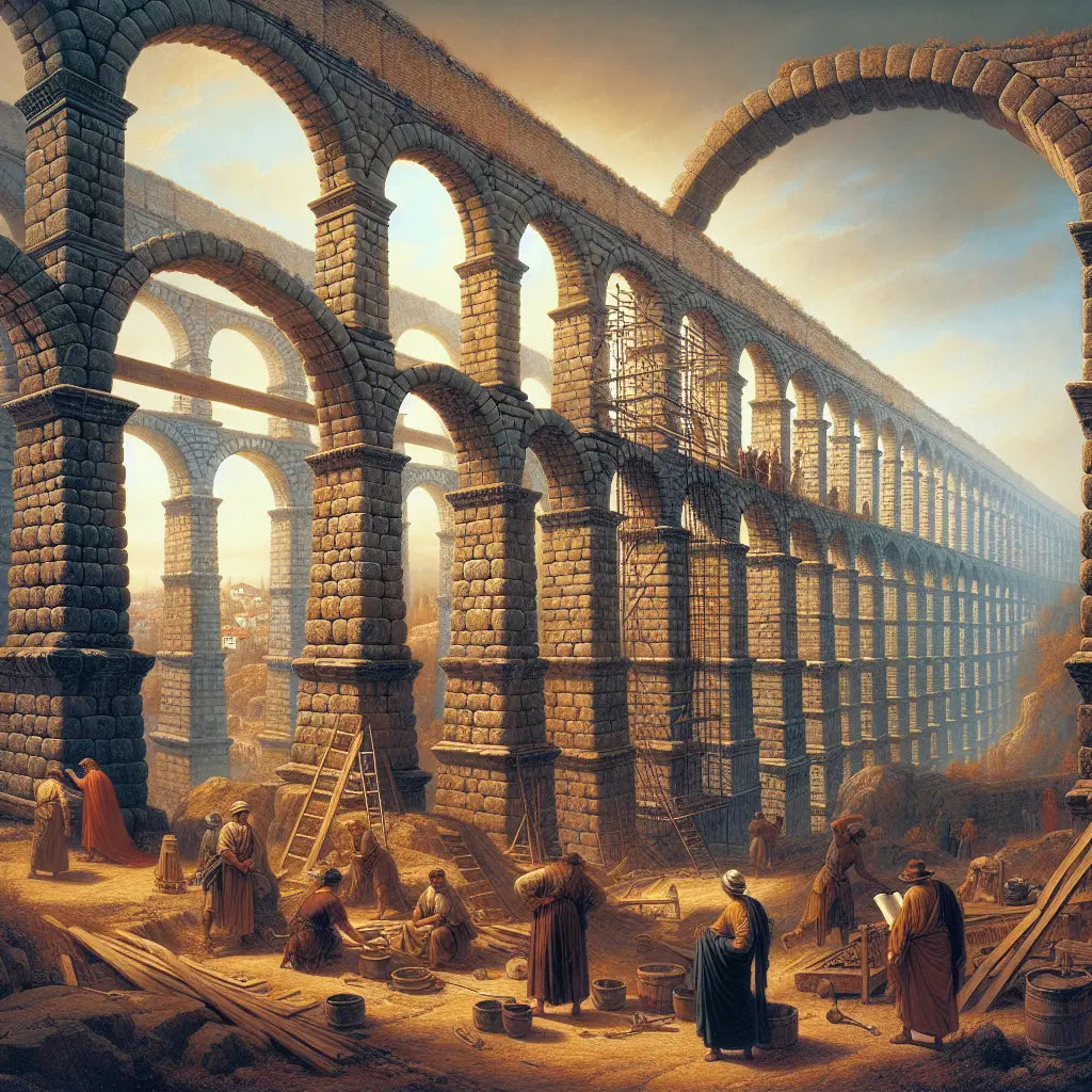Majestic Valens Aqueduct in ancient Constantinople under clear blue sky, Roman engineers inspecting soaring stone arches, cinematic painting style inspired by 1960s historical epics.