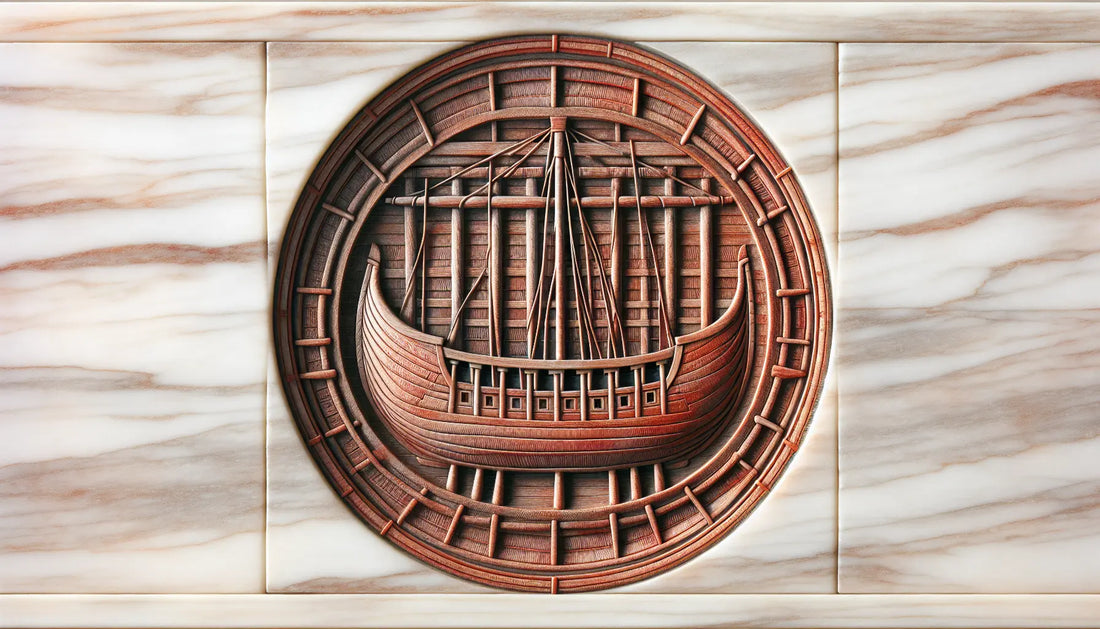 Relief des Schiffes Vasa Innenraum mit Holzstruktur in Ziegelrot auf hellem steinartigem Hintergrund